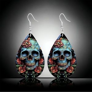 Gorgeous Blue Skull with‎ Flower Print Teardrop Dangle Halloween Earrings Gothic